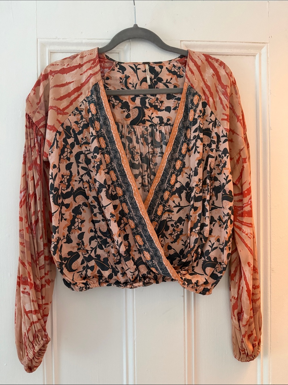 Free People Peach and Navy Floral Wrap Blouse with Coral Trim